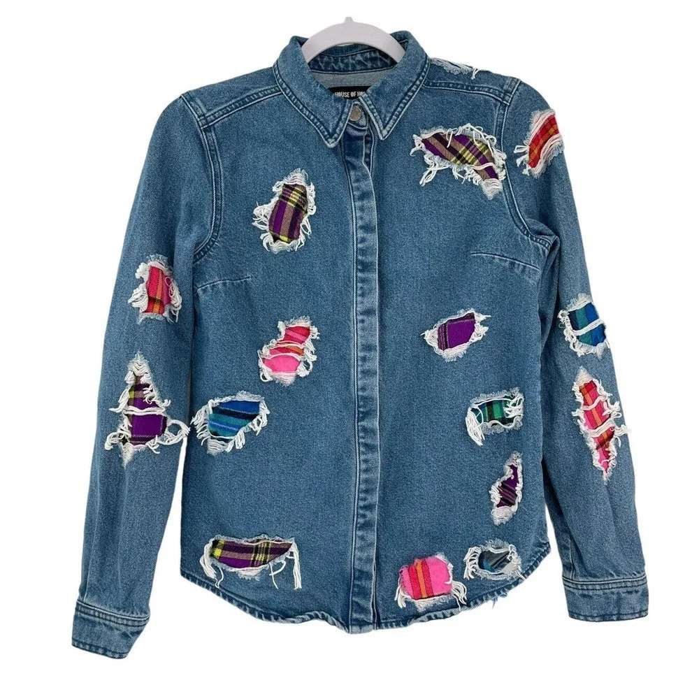 House of Holland Patchwork Denim Distressed Jean Shirt Snap size US 2 - Picture 2 of 13